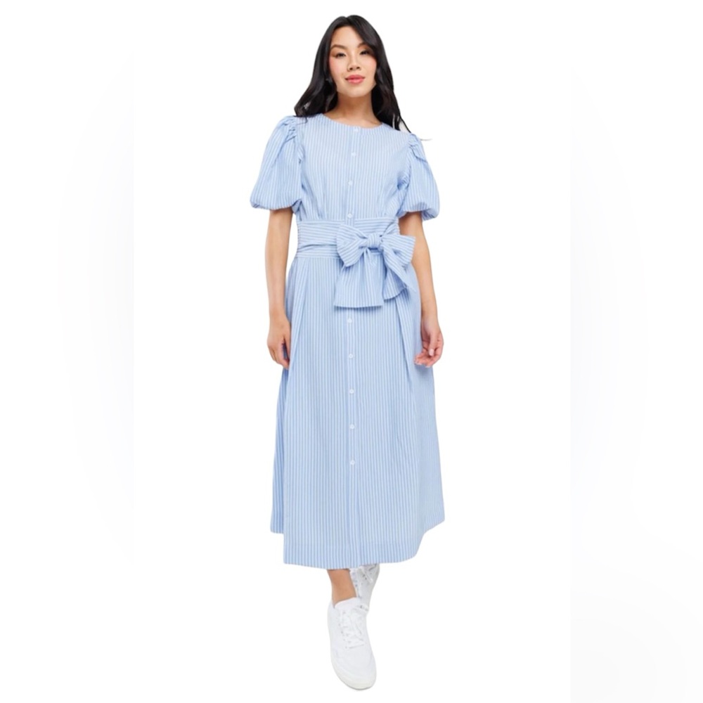 Ces Femme Blue‎ White Seersucker Striped Balloon Sleeve Dress Size: Large NEW